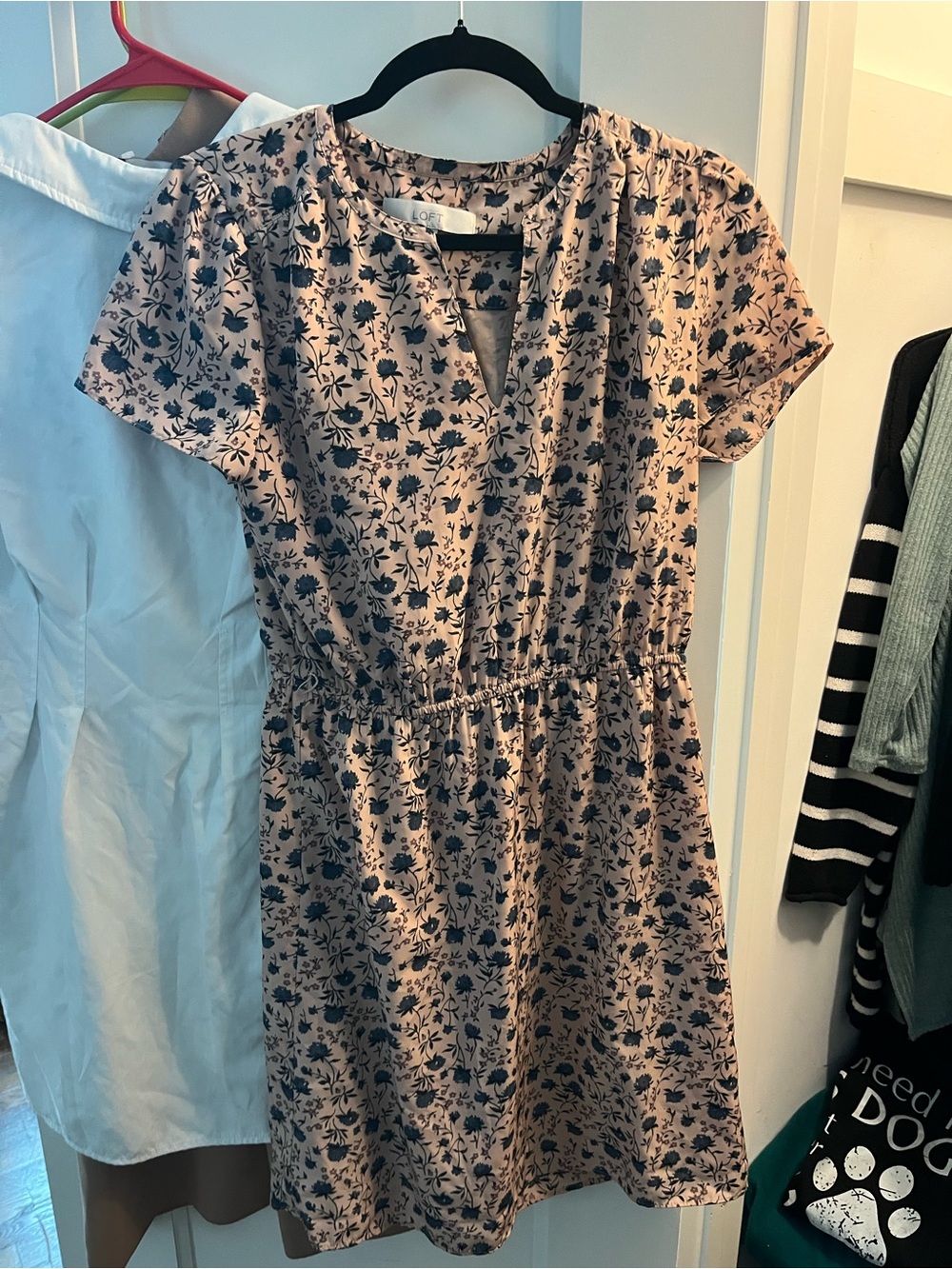 LOFT Dusty Pink Floral Short Dress with Navy Print